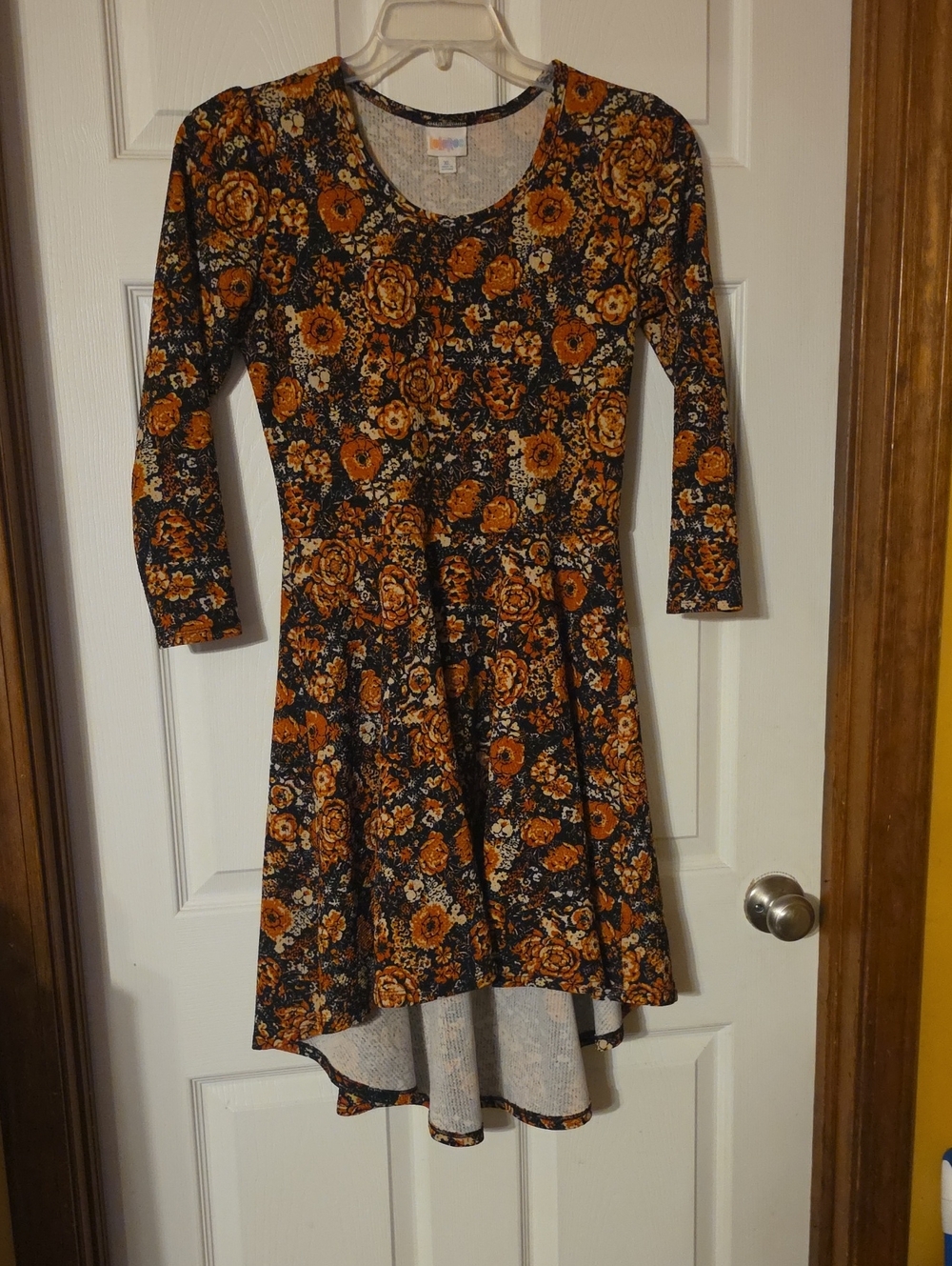LuLaRoe Black Dress with Orange Floral High-Low Hem